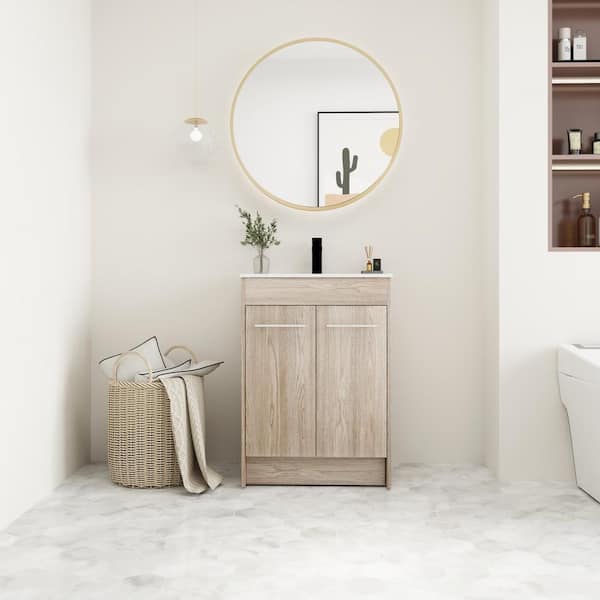 Unbranded 24 in. W x 18 in. D x 34 in. H Freestanding Bath Vanity in White Oak with White Ceramic Top