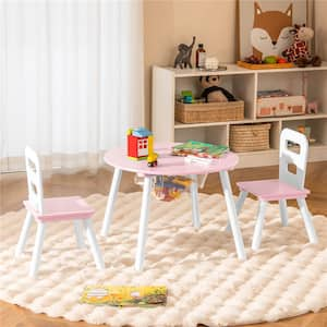 Kids Wooden Pink Round Table and 2 Chair Set with Center Mesh Storage