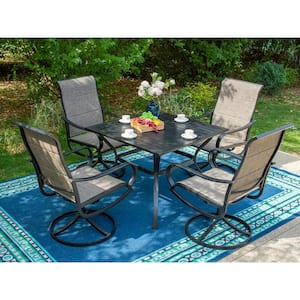 Black 5-Piece Metal Outdoor Patio Dining Set with Slat Square Table and Padded Textilene Swivel Chairs