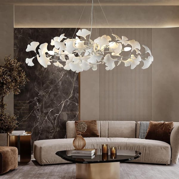 9-Light Silver Chandelier, Luxury Ceramic Ginkgo Branch Chandelier for Living Room, Dining Room, Kitchen Island-L47 in.