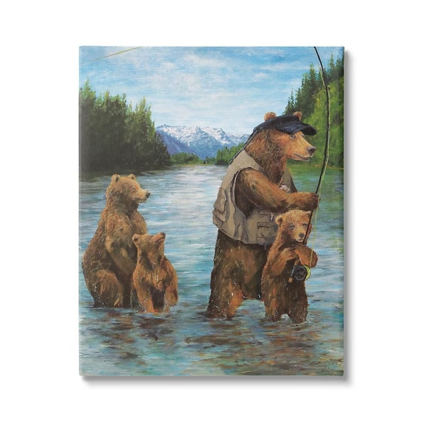 Stupell Industries Grizzly Bear Fishing Landscape by Kamdon Kreations 1-Piece Wrapped Unframed Animal Graphic Art Print 36 in. x 48 in.