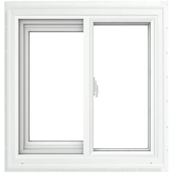 JELD-WEN V-2500 Series 35.5 in. W x 23.5 in. H Left-Handed White Vinyl Low-E Sliding Window w/ Brickmould Nail Fin Frame