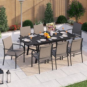 Black 9-Piece Metal Expandable Table Patio Outdoor Dining Set with Brown Textilene Chairs