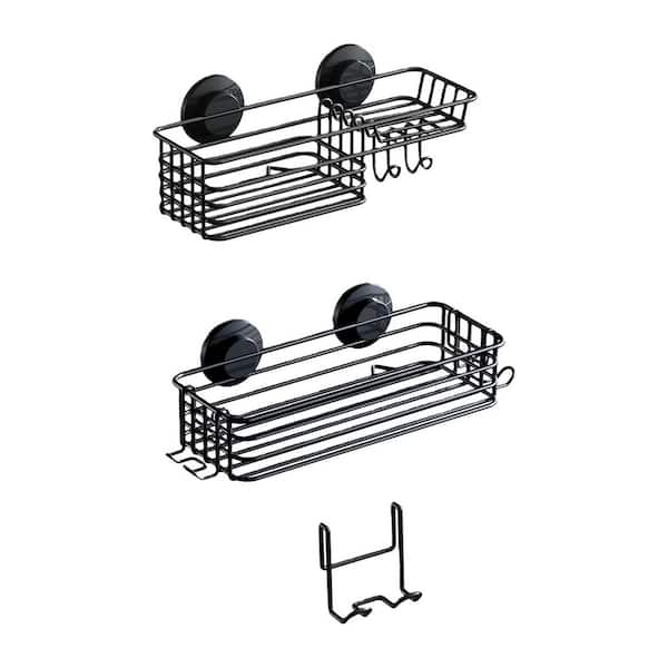 2 Pack Stainless Steel Shower Caddy Suction Cup with Hooks and Soap holder, NO-Drilling Bathroom Holder in Black