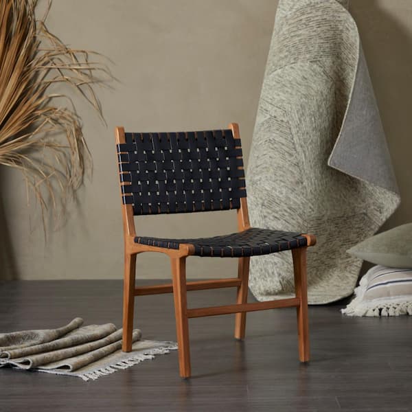 Black Handmade Woven Leather Dining Chair (Set of 2)