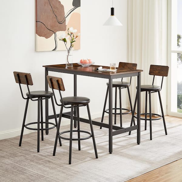 Unbranded 5-Piece Rustic Brown Wood Top Bar Table and Chairs Set with 4 PU Upholstered Seat Stools, Dining Table Set for 4