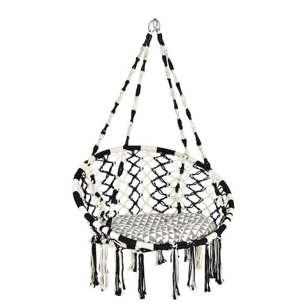 2.7 ft. Portable Hanging Hammock Chair with Cushion in Black and White