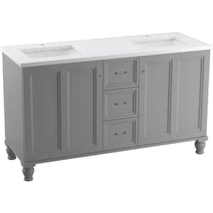 Damask 61 in. W x 22 in. D x 35 in. H Double Sink Freestanding Bath Vanity in Mohair Grey with White Quartz Top