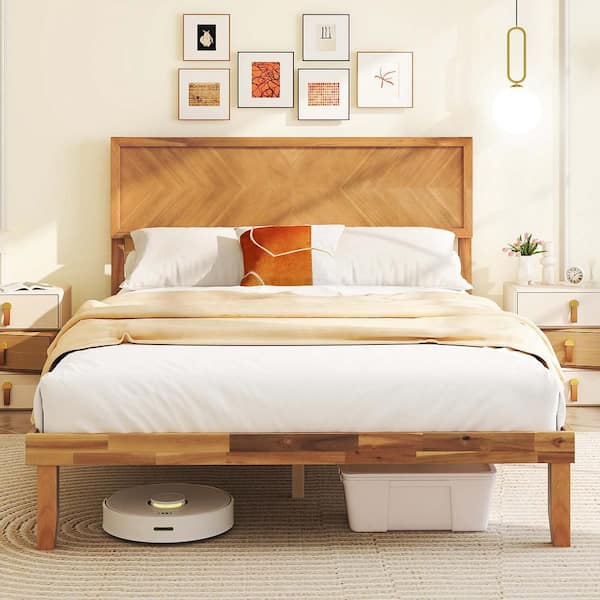 Brown Wood Frame Queen Size Platform Bed w/Headboard Wooden Slats Support 9'' Under-bed Storage Space