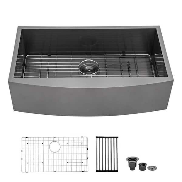 33 in. Gunmetal Black Farmhouse Apron Front Single Bowl 16-Gauge Stainless Steel Kitchen Sink with Bottom Grid