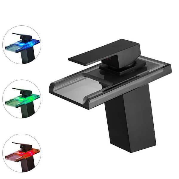 Unbranded Modern Single Handle Single Hole 3.5 GPM Waterfall Bathroom Faucet with LED Light and Supply Hoses in Black