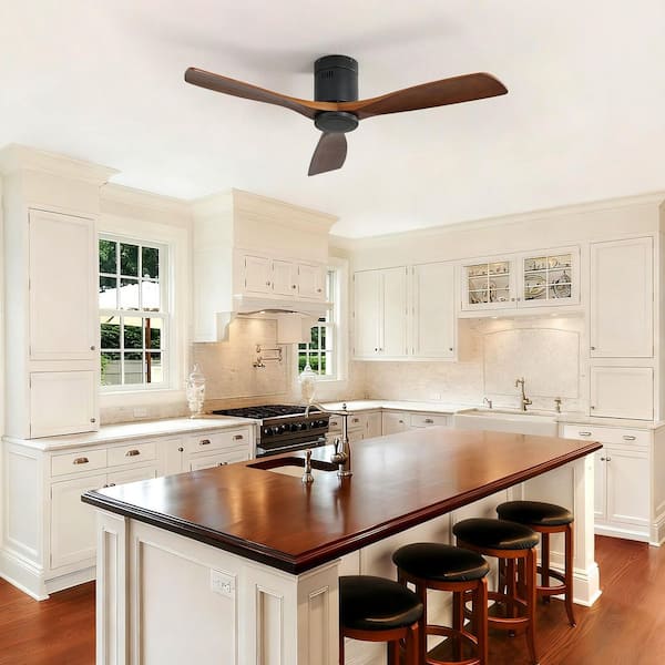 52 in. Smart Black Flush Mount Ceiling Fan with Voice/APP/Remote Contriol, 3 Solid Wood Blade and Reversible DC Motor