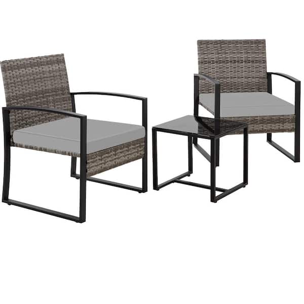 Unbranded 3-Piece Gray Outdoor PE Wicker Patio Conversation Set with Gray Cushions and Side Table