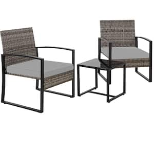 3-Piece Gray Outdoor PE Wicker Patio Conversation Set with Gray Cushions and Side Table