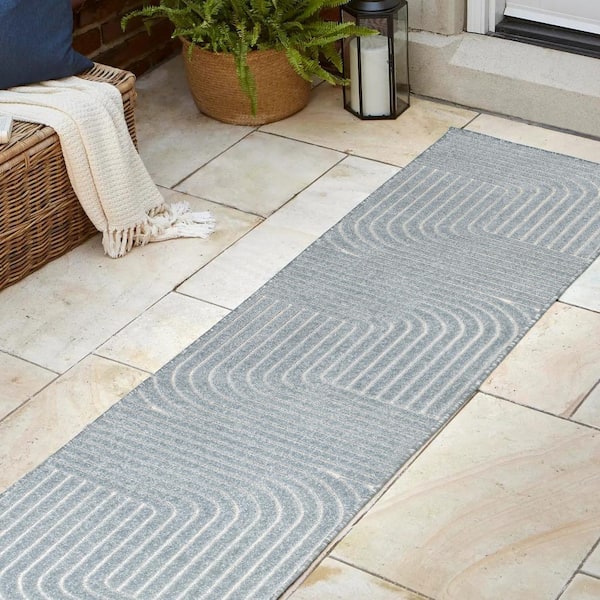 JONATHAN Y Odense High-Low Minimalist Angle Geometric Light Blue/Cream 2 ft. x 8 ft. Indoor/Outdoor Runner Rug