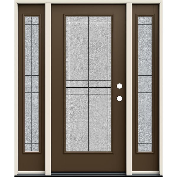 JELD-WEN 60 in. x 80 in. Left-Hand Full Lite Dilworth Decorative Glass Dark Chocolate Fiberglass Prehung Front Door w/Sidelites