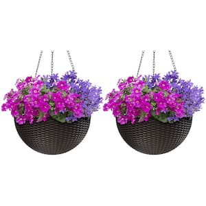Large Hanging Planter Round Self-Watering Basket Resin Woven Wicker Style (2-Pack)