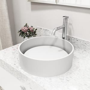 Anvil Matte Stone Composite Round Vessel Bathroom Sink in White with Dior Faucet and Pop-Up Drain in Chrome