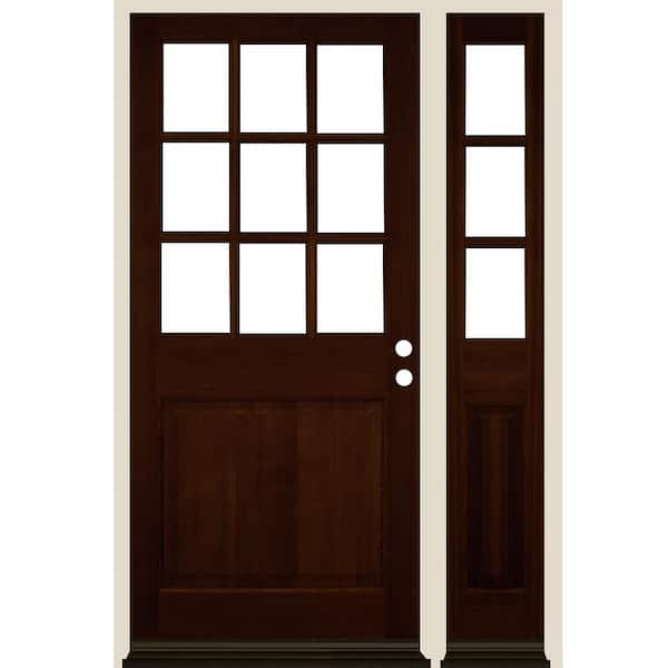 Krosswood Doors 50 in. x 80 in. Farmhouse 9-Lite Clear Glass Left-Hand Red Mahogany Stain Hemlock Wood Prehung Front Door w/ RSL