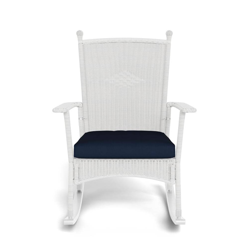Portside Coastal White Wicker Rocking Chair with Navy Cushion