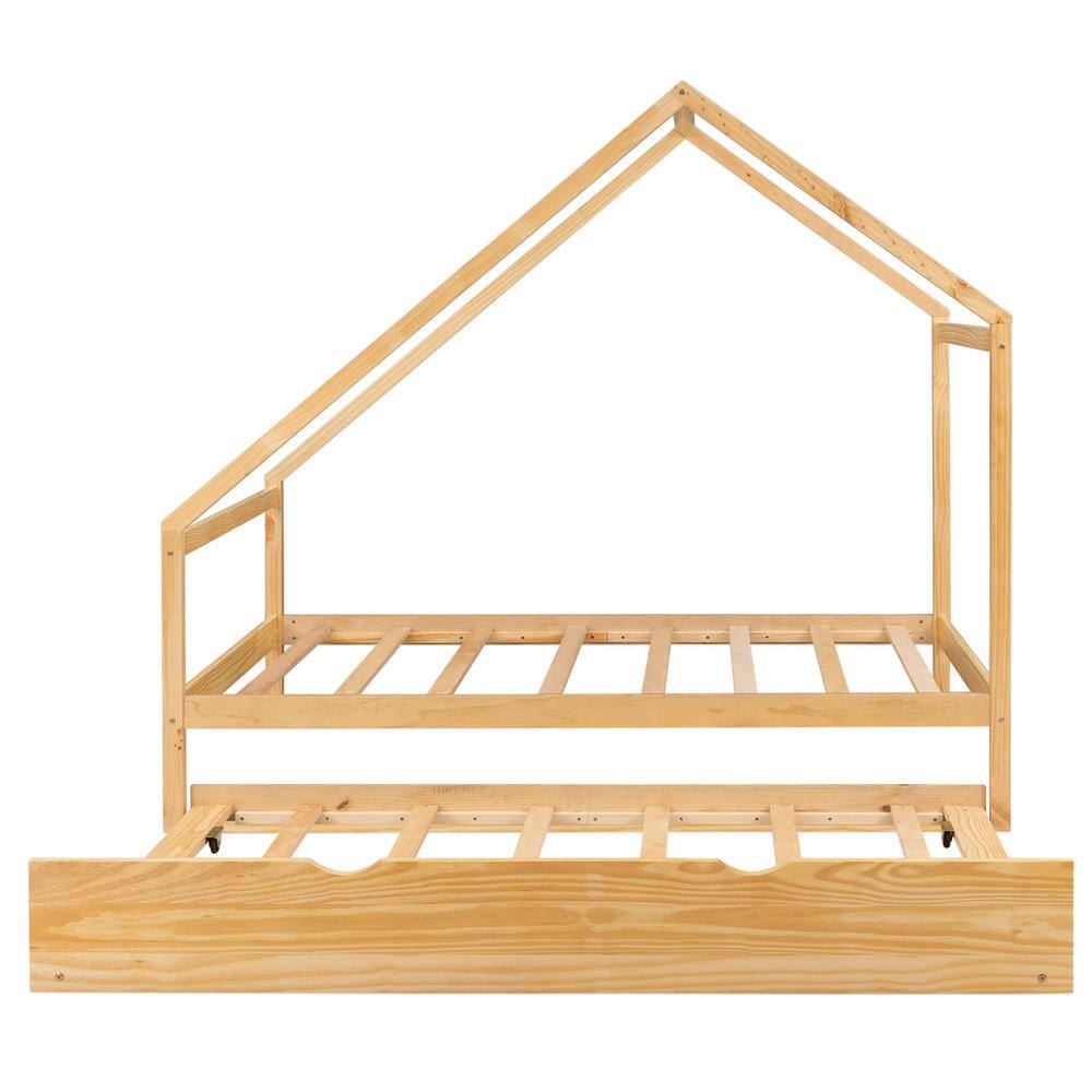 Zjoyee Wood Natural Twin Wooden House Bed with Twin Trundle FFB857218747 The Home Depot