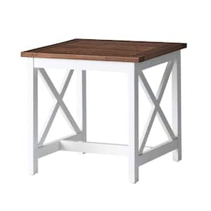 Brown Oak Acacia Wood End Table with White Frame Outdoor Accent Coffee Polyurethane Legs Retro Farmhouse Slatted Top
