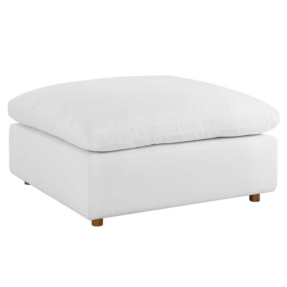 Pure White Down-Filled Overstuffed Ottoman with Linen Texture