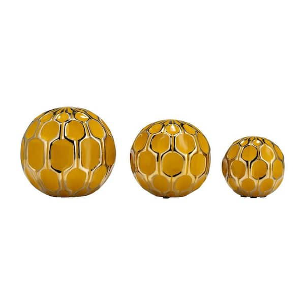 Liv & Skye Gold 6 in. x 6 in. Ceramic Glossy Geometric Orbs (Set of 3)