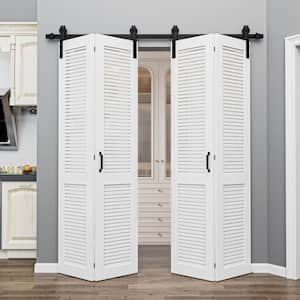 72 in. x 84 in. Solid Core Composite MDF White Finished Louver Closet Bi-Fold Door Sliding Barn Door with Hardware Kit