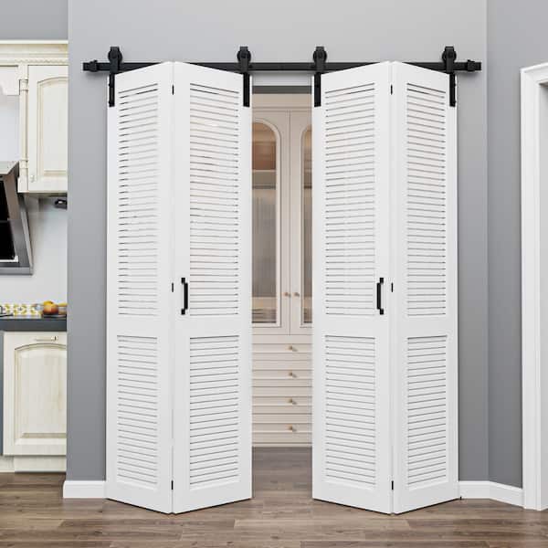 72 in. x 84 in. Solid Core Composite MDF White Finished Louver Closet Bi-fold Door Sliding Barn Door with Hardware Kit
