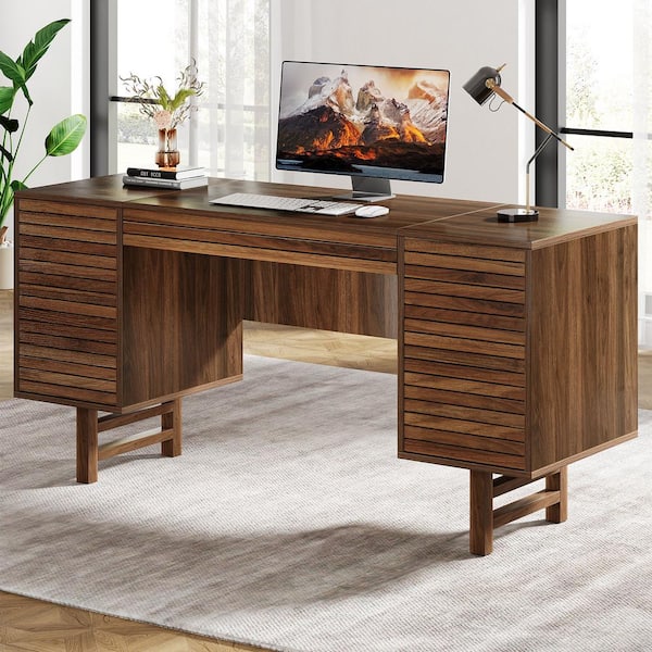 BYBLIGHT Moronia 59 in. Rectangular Brown Engineered Wood 1-Drawer Computer Desk with Storage Cabinet