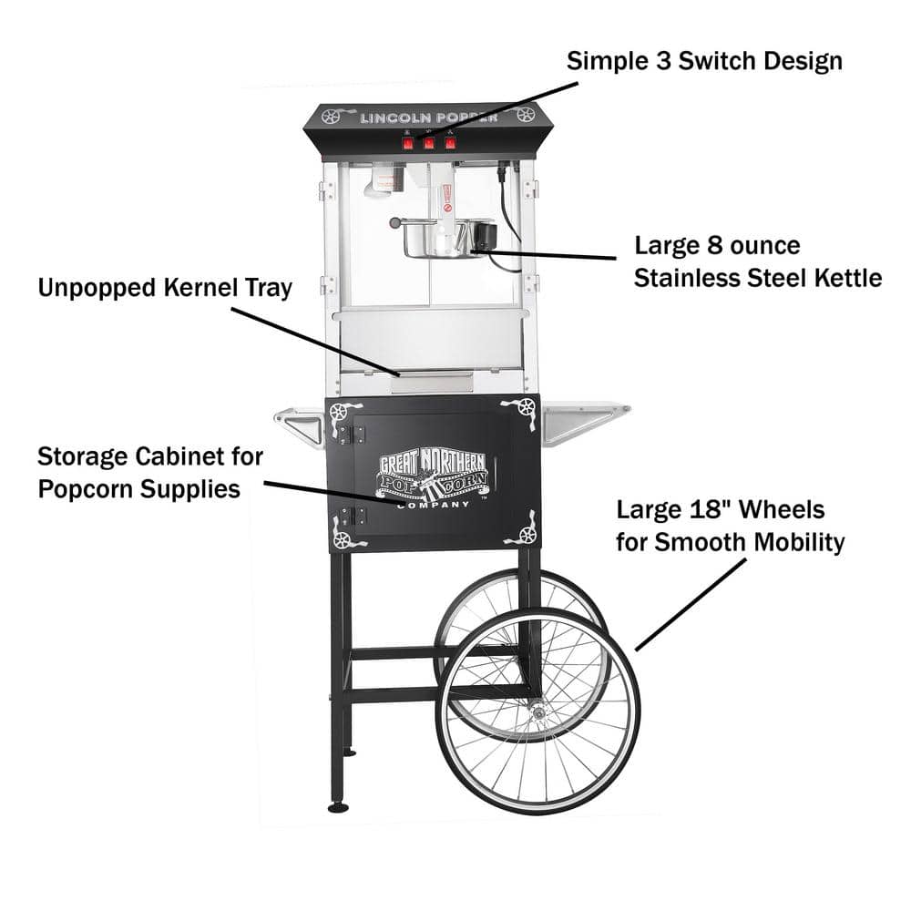 Lincoln 8 oz Black Steel Popcorn Machine with Cart