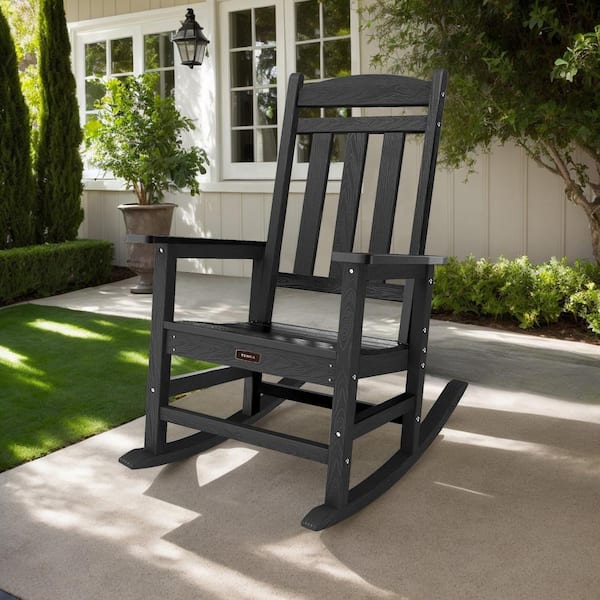 TenKa Black HDPE Plastic Patio Outdoor Rocking Chair All Weather Resistant Porch Rocker for Lawn Garden(1 Pack)
