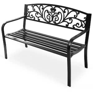 50 in. W Black Patio Park Steel Frame Cast Iron Backrest Metal Outdoor Bench, Porch Chair