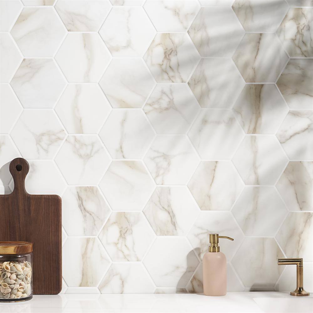 Santorini 6" Hexagon Matte White Marble Porcelain Tile