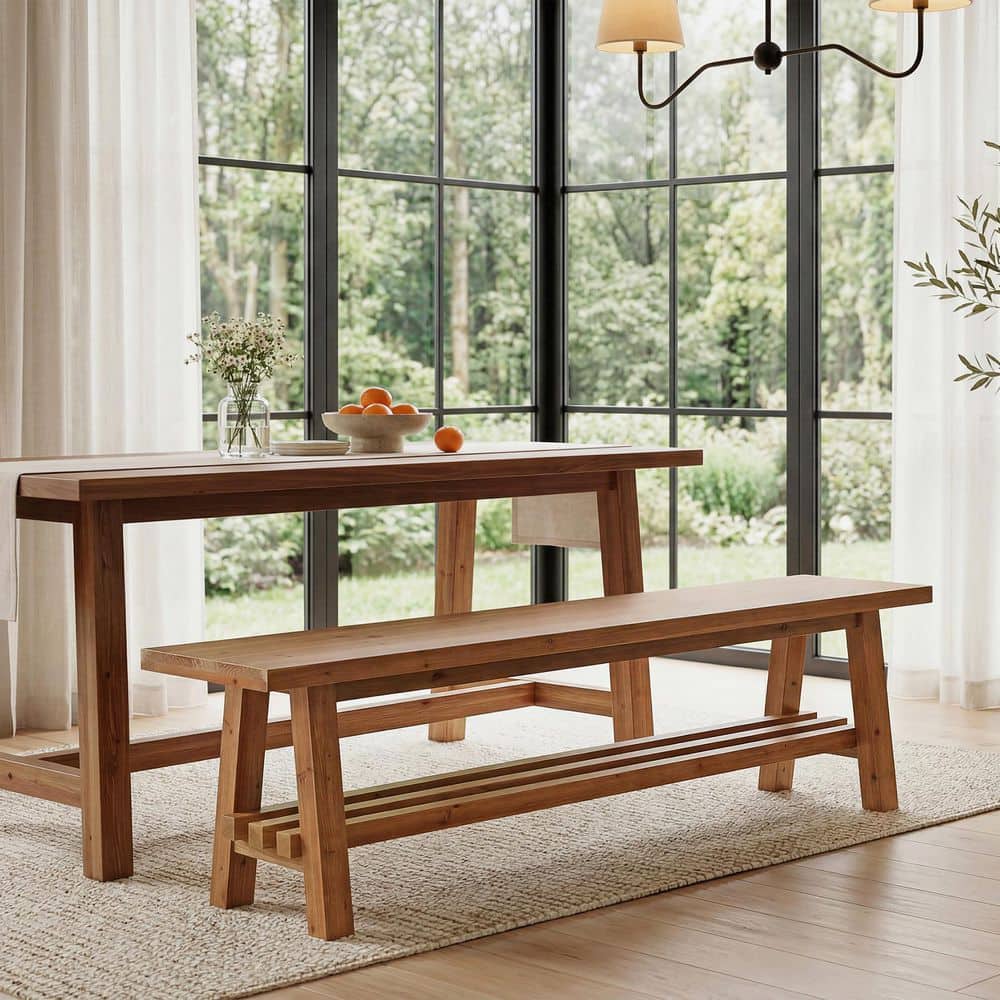 55.12 in. Brown Solid Wood Dining Bench with Shelf for Dining Room