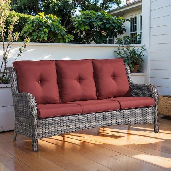 Pocassy 3 Seat Wicker Outdoor Patio Sofa Couch with Deep Seating and Cushions, Suitable for Porch Deck Balcony(Gray/Red)