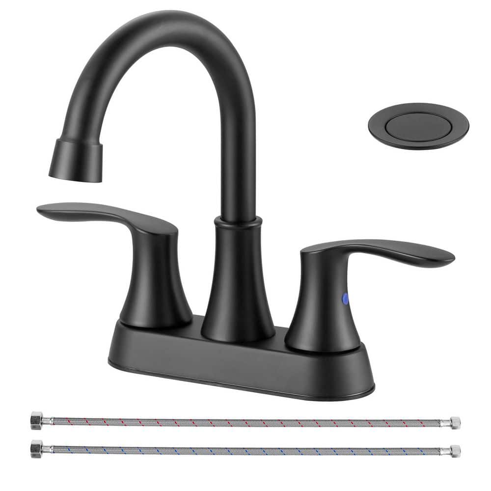 4 in. Centerset Double Handle High Arc Bathroom Sink Faucet with Pop Up Drain in Matte Black price history on PriceWatchPro