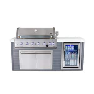 Artwood Series 6 Burner HDPE Plastic Outdoor Kitchen Propane Natural Gas Grill Island + Refrigerator in Stainless Steel