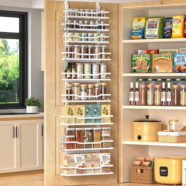 Over the Door Pantry Organizer 9-Tier Adjustable Baskets Metal Hanging Spice Rack for Kitchen Laundry Bathroom White