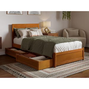 Lylah Light Toffee Natural Bronze Solid Wood Frame Twin XL Platform Bed with Panel Footboard and Storage Drawers