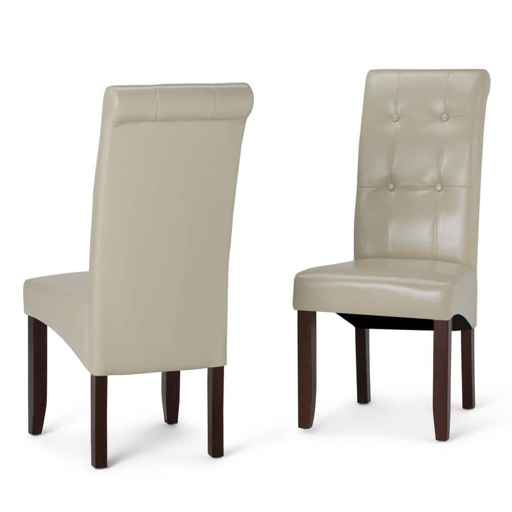 Satin Cream Faux Leather Upholstered Parsons Side Chair, High Back