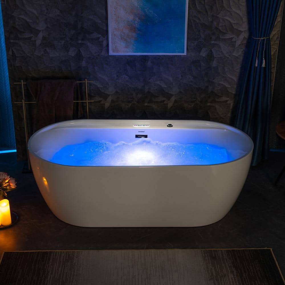 72" White Acrylic Freestanding Whirlpool Tub with Matte Black Trim