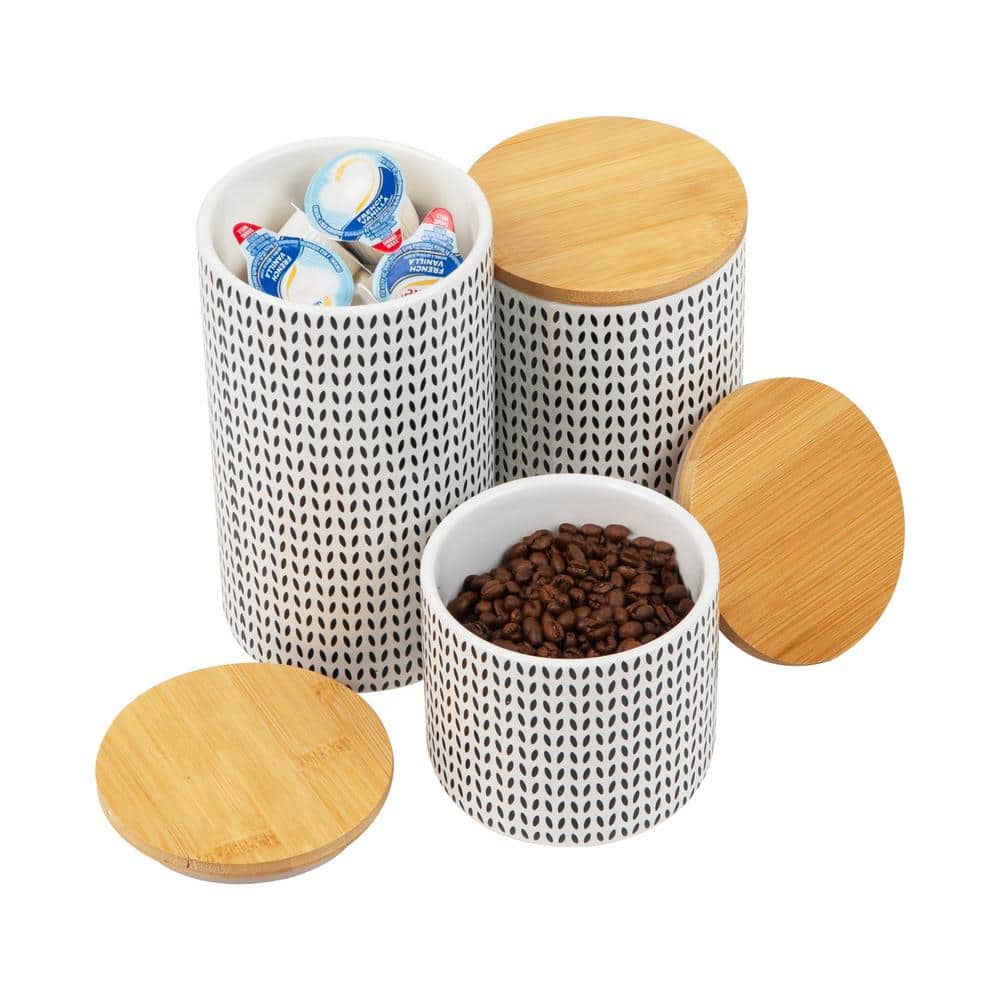 Scandinavian Ceramic Canister Set with Wooden Lids, Black and White