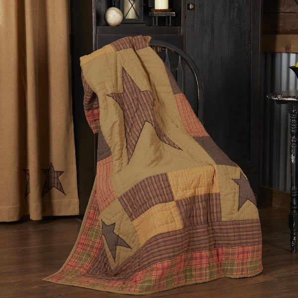 Stratton Khaki Red Orange Black Primitive Quilted Cotton Throw