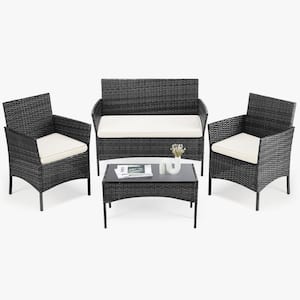 Black 4-Piece Outdoor Sofa Set Patio Rattan Wicker Conversation Set with Coffee Table and Beige Cushions