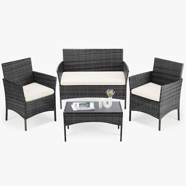 FIRNEWST Black 4-Piece Outdoor Sofa Set Patio Rattan Wicker Conversation Set with Coffee Table and Beige Cushions