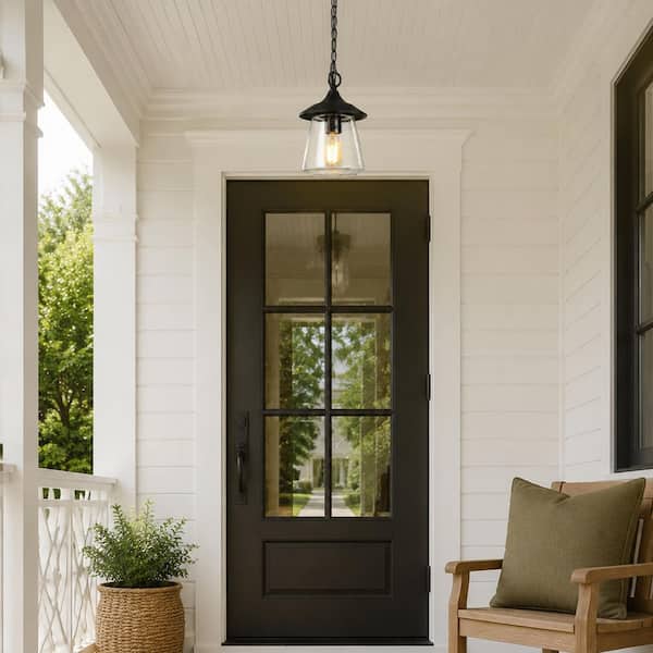 Modern Farmhouse Black Outdoor Pendant Light for Covered Porch Gazebo, 1-Light Hanging light with Seeded Glass Shade