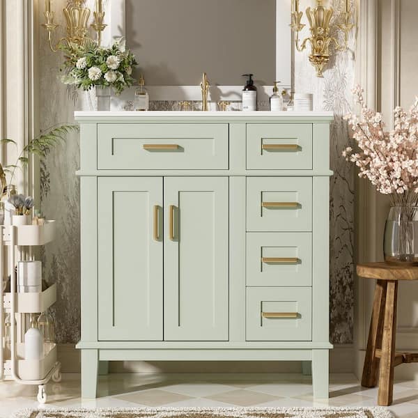 30 in. Single Sink Freestanding Green Solid Wood Frame Bath Vanity with White Ceramic Top