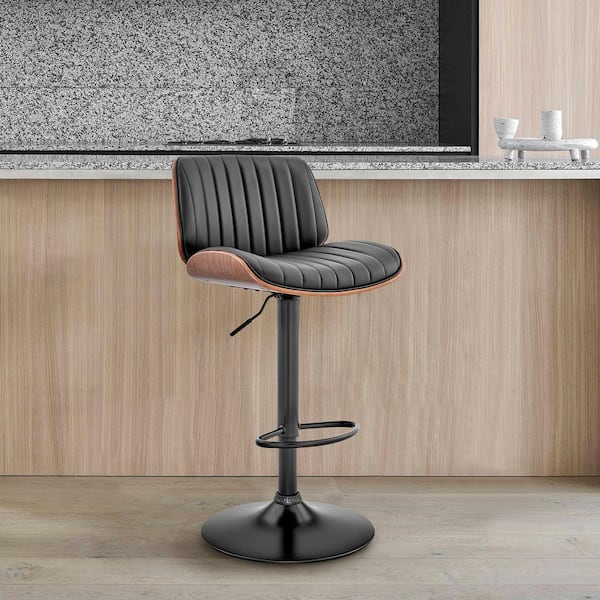 Armen Living Brock 24-33 in. Adjustable Height High Back Black Faux Leather and Walnut Wood Bar Stool with Black Base